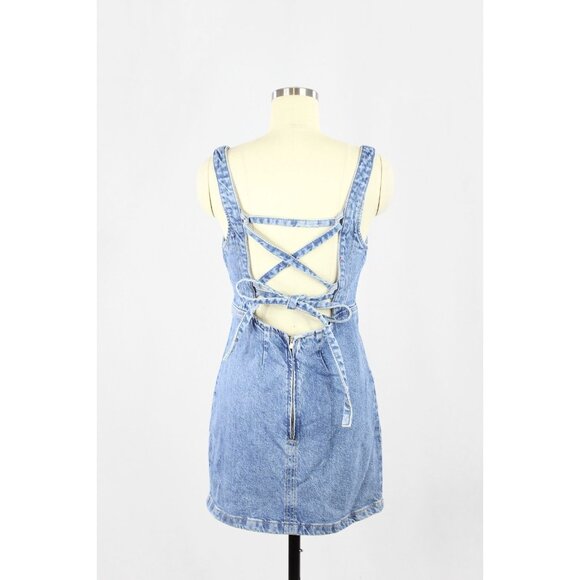 ZARA Medium Blue Cotton Denim Lace Up Back Mini Dress, Size M - Picture 3 of 13